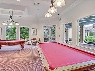 game room with ornamental molding, carpet, and pool table