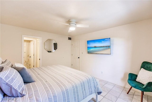 bedroom with light tile patterned floors and ceiling fan