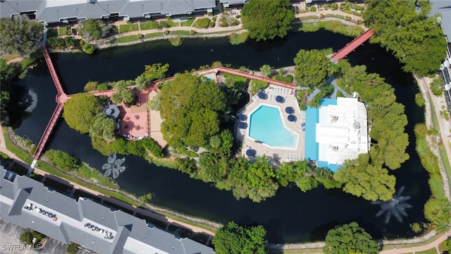 drone / aerial view with a water view