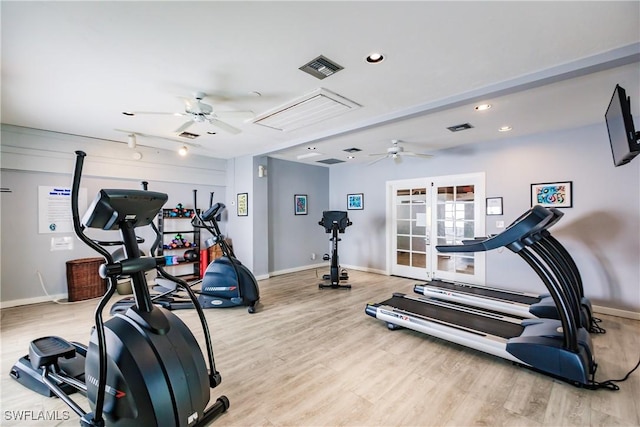 exercise area featuring french doors, ceiling fan, and light wood-type flooring