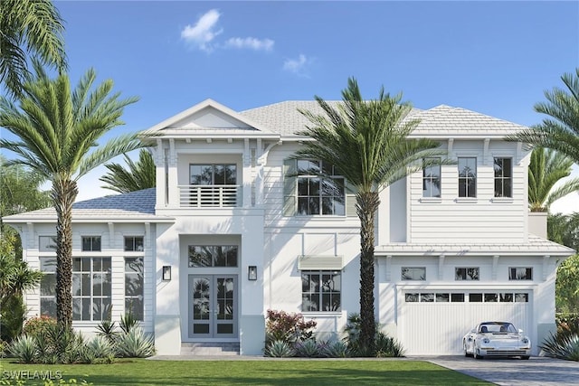 view of front of property with a garage, a front lawn, and french doors