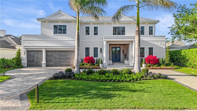 565 Anchor Rode Dr, Naples, FL 34103 - view of front facade with an attached garage, a front lawn, decorative driveway, and stucco siding