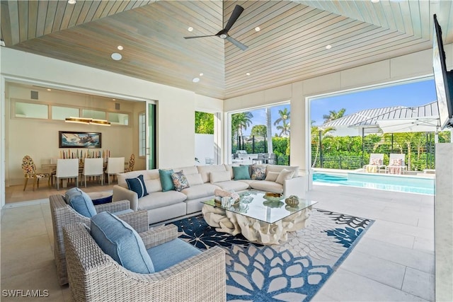 565 Anchor Rode Dr, Naples, FL 34103 - living room with wood ceiling, recessed lighting, a ceiling fan, and tile patterned floors