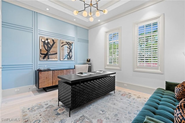 565 Anchor Rode Dr, Naples, FL 34103 - office space featuring baseboards, an inviting chandelier, a tray ceiling, recessed lighting, and light wood-style flooring