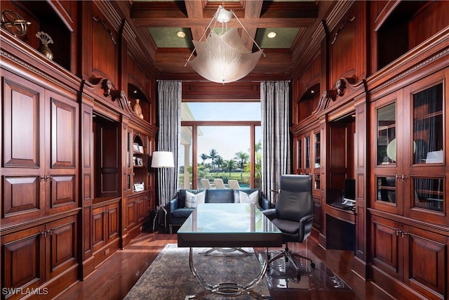 office area with beamed ceiling, ornamental molding, wood walls, dark wood-style flooring, and coffered ceiling