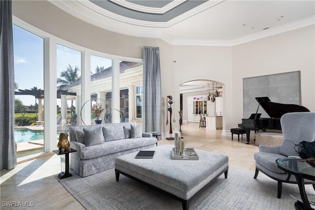 living room with ornamental molding and a towering ceiling