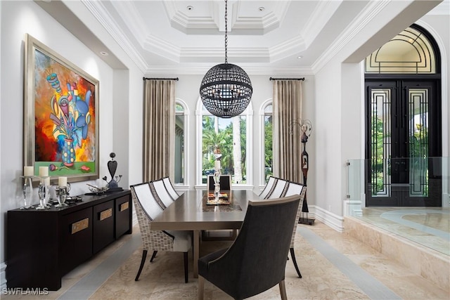 dining space featuring crown molding, baseboards, recessed lighting, and an inviting chandelier