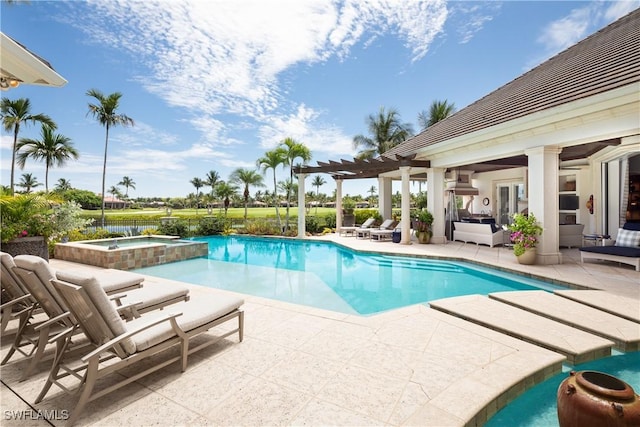 view of pool featuring an in ground hot tub, an outdoor hangout area, a pergola, and a patio