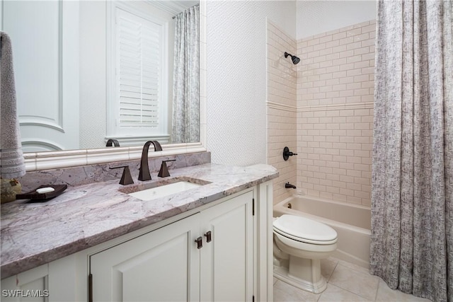 full bath featuring tile patterned floors, shower / bathtub combination with curtain, vanity, and toilet