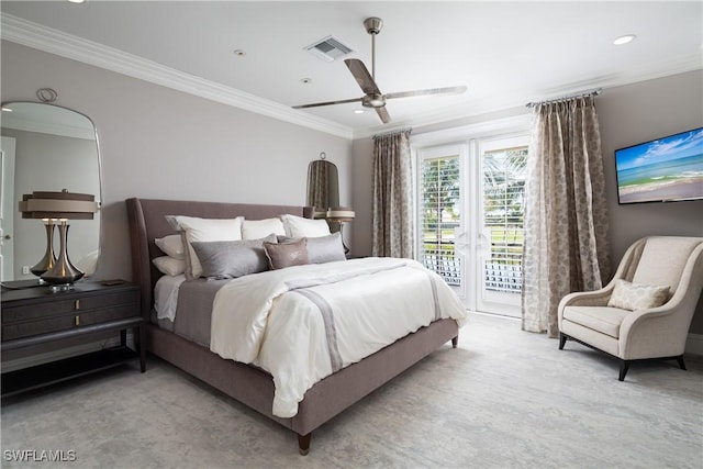 carpeted bedroom featuring ceiling fan, ornamental molding, and access to exterior