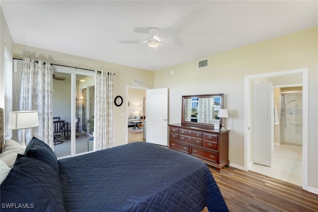 bedroom with hardwood / wood-style flooring, ceiling fan, and access to outside