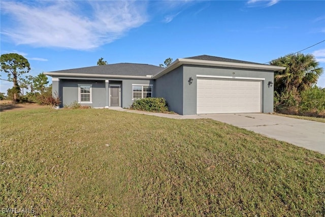 single story home featuring a garage and a front yard