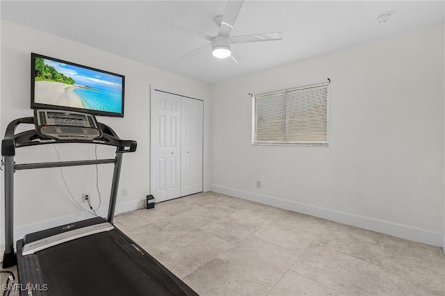 workout room featuring ceiling fan