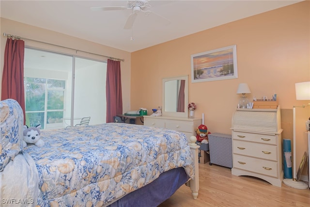 bedroom with a ceiling fan, access to outside, and light wood-style flooring