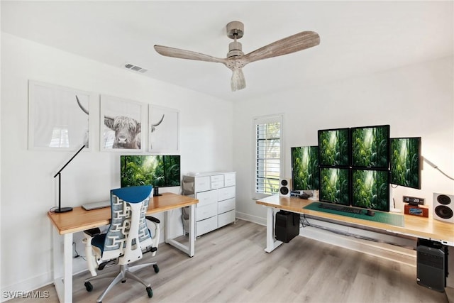 office space with ceiling fan and light hardwood / wood-style floors