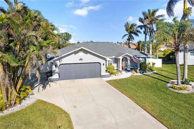 ranch-style home with a garage and a front lawn