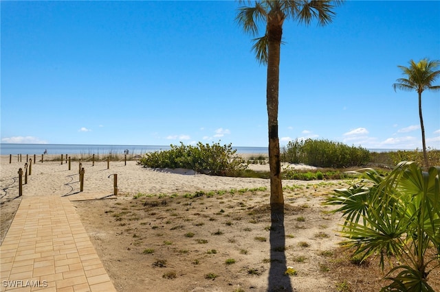 view of yard featuring a beach view and a water view