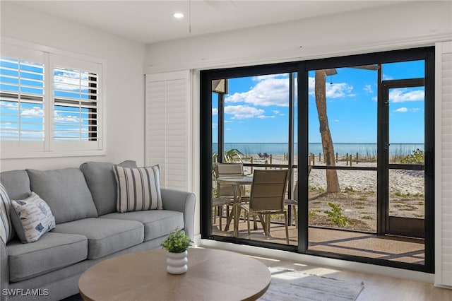 living room with wood-type flooring, a water view, and a wealth of natural light