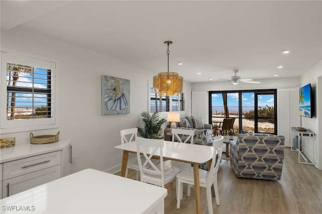 dining room featuring ceiling fan and light wood-type flooring