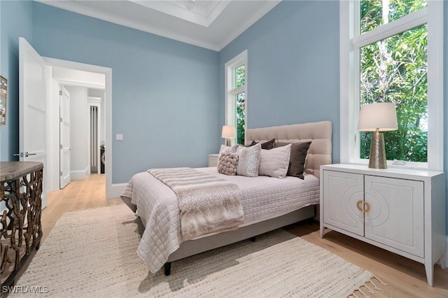 bedroom featuring crown molding and light hardwood / wood-style flooring