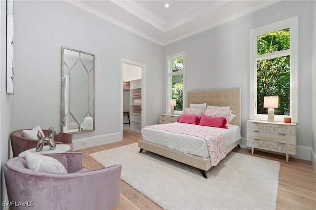 bedroom featuring light hardwood / wood-style flooring, ornamental molding, a walk in closet, a raised ceiling, and a closet