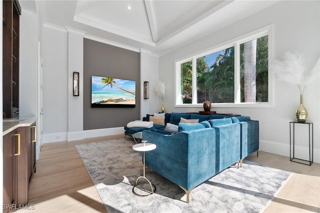 living room with light hardwood / wood-style flooring and ornamental molding