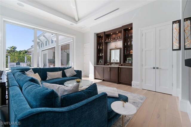 living room featuring a raised ceiling, indoor wet bar, and light wood-type flooring