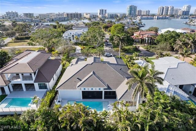 bird's eye view with a water view