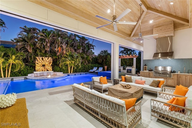 pool featuring a patio area, an outdoor living space, a grill, area for grilling, and a ceiling fan