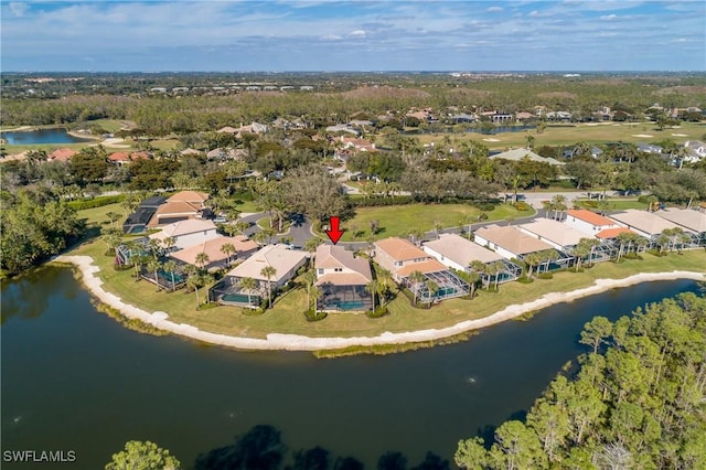 aerial view featuring a water view