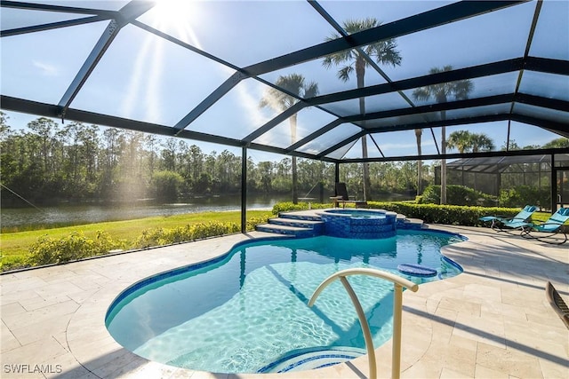 view of swimming pool with a lanai, an in ground hot tub, a patio, and a water view