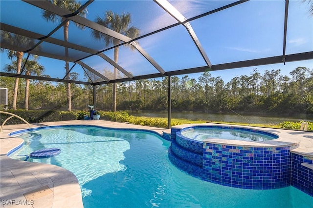 view of swimming pool with a lanai and an in ground hot tub