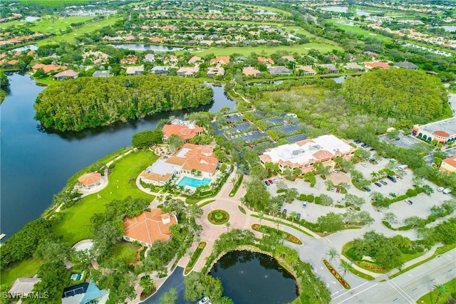 aerial view featuring a water view