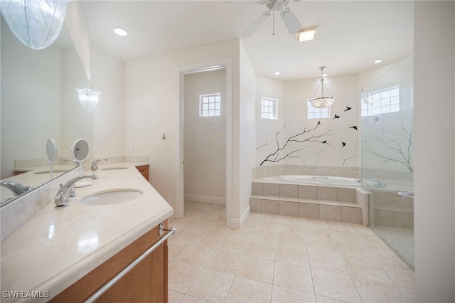 10347 Wood Ibis Ave, Bonita Springs, FL 34135 - bathroom with a sink, a garden tub, a ceiling fan, and tile patterned flooring