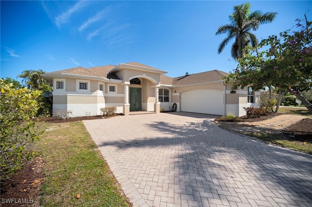 10347 Wood Ibis Ave, Bonita Springs, FL 34135 - mediterranean / spanish-style home with stucco siding, decorative driveway, and a garage