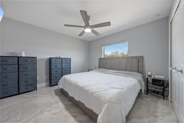 bedroom with ceiling fan and a closet