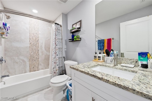 full bathroom with shower / bath combination with curtain, vanity, and toilet