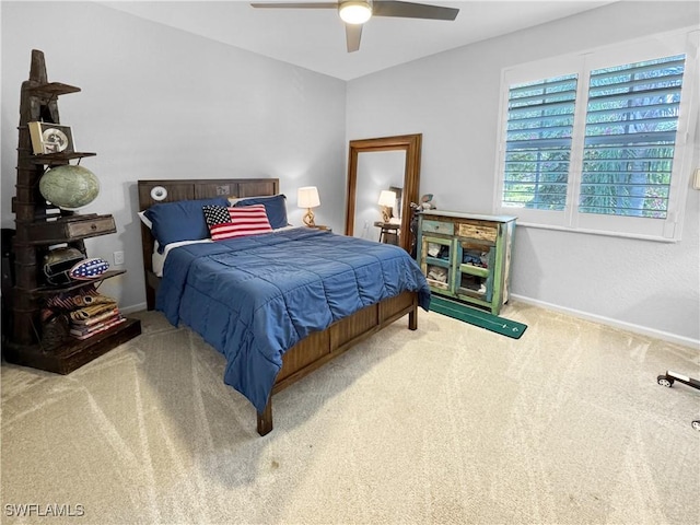 bedroom featuring carpet floors and ceiling fan