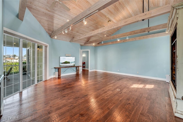 spare room featuring wood-type flooring, wooden ceiling, and rail lighting