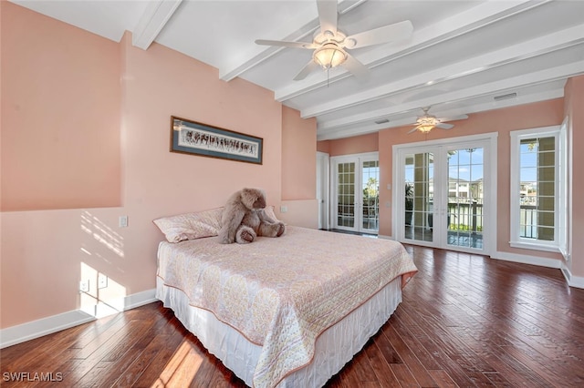 bedroom featuring beam ceiling, access to exterior, dark hardwood / wood-style floors, and french doors