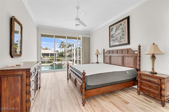 bedroom featuring crown molding, ceiling fan, light hardwood / wood-style flooring, and access to outside