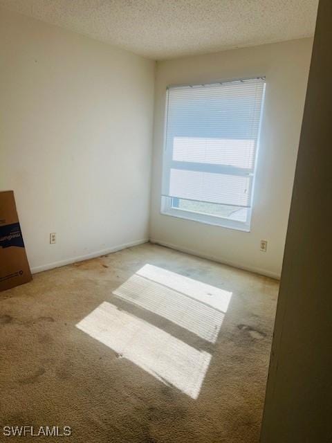 spare room featuring light carpet and a textured ceiling