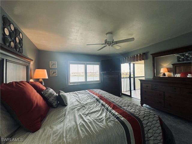 carpeted bedroom with access to exterior and ceiling fan