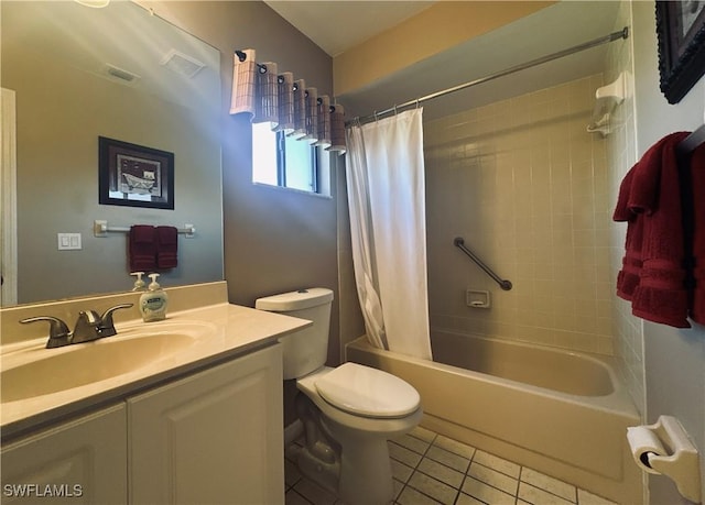 full bathroom with vanity, toilet, tile patterned flooring, and shower / bath combo with shower curtain