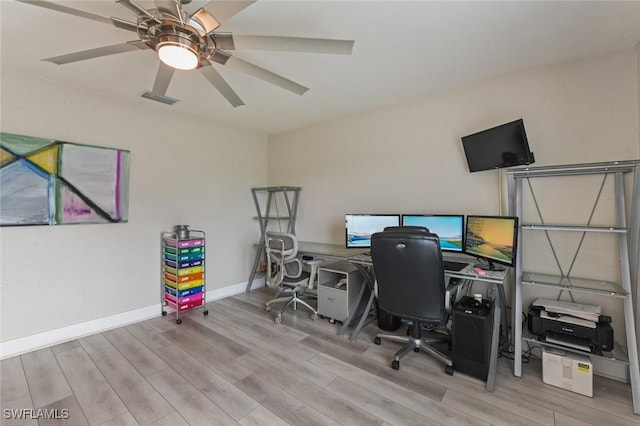 office space featuring ceiling fan and light wood-type flooring