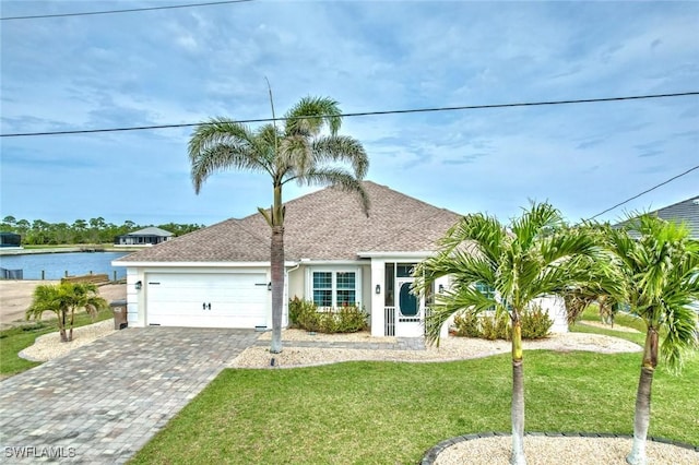 view of front facade featuring a garage, a water view, and a front yard