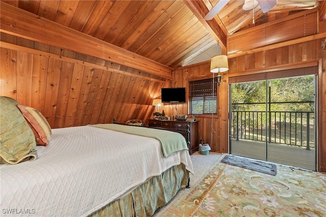 bedroom with wood ceiling, wooden walls, access to exterior, and vaulted ceiling with beams