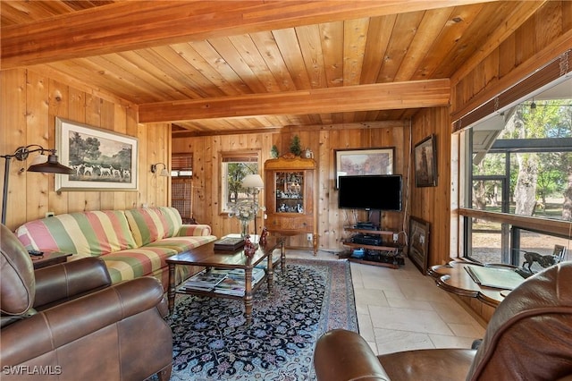 living room featuring beamed ceiling, wood ceiling, and wooden walls