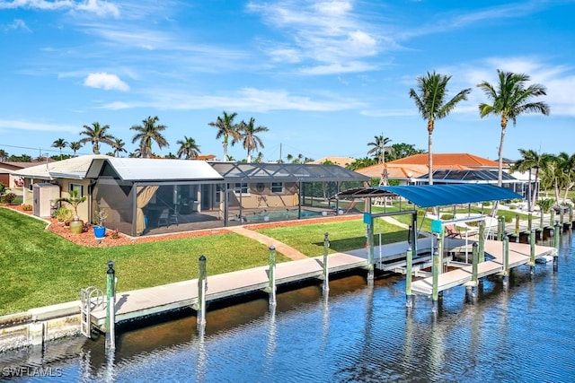 view of dock featuring a water view, a yard, a lanai, and a swimming pool