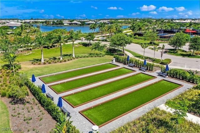 drone / aerial view featuring a water view